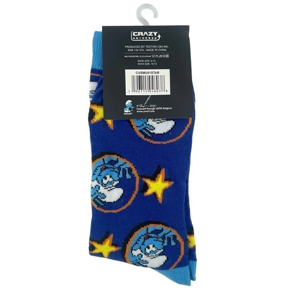 Smurfs Unisex Crew Socks Blue Yellow Stars Cartoon Style Fits Shoe Size 6–13